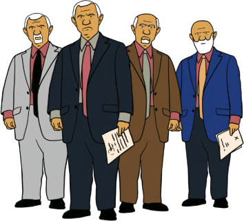 Cartoon of four stern older politicians in suits holding papers